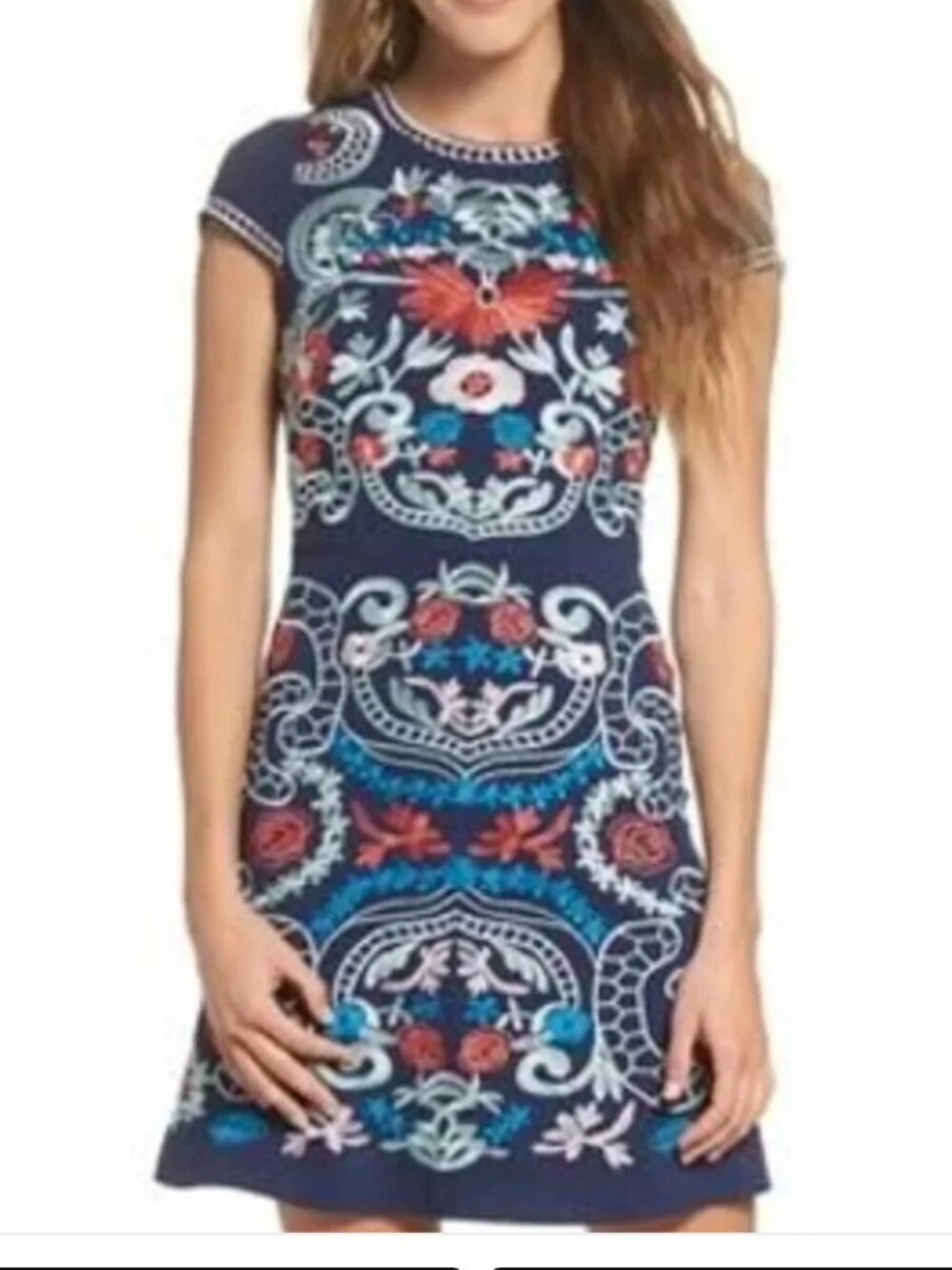 foxiedox Navy Multicolor Embroidered Fit & Flare Mini Dress
